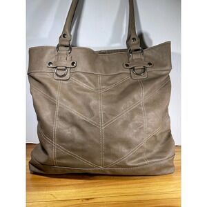 Emilie M. Taupe Faux Leather Zippered Tote Handbag Purse Black Print Liner